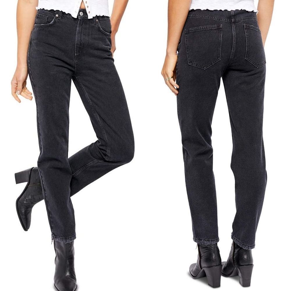 Free People Dakota Straight Leg Destructed Hem High Rise Pitch Black Denim Jeans - Picture 8 of 9